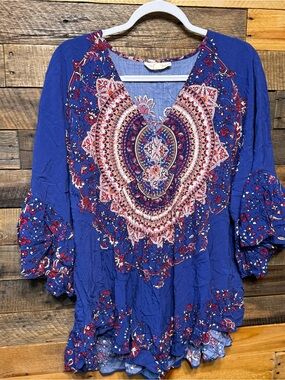 Aveology Frankie Frill Boho‎ Bohemian Blue Floral Flare Tunic Top